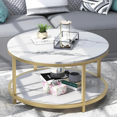 33.5"Round Coffee Table  Coffee Tables Room High Glossy Faux Marble Top Circle Table Sturdy Gold Frame Legs Cocktail Table