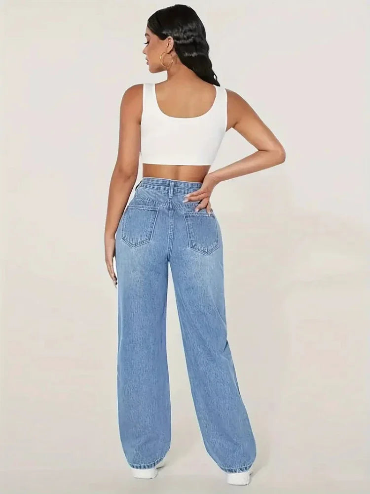 2025 Pants Women's Jeans New Y2K Washed Blue Straight Loose Fit High Waist Hole Trousers Fashion Personality To Do Old Denim