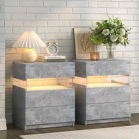 grey led nightstand set of 2,night stand set 2,modern night stand with 3 drawers,night stands for bedroom set of 2,bedside table