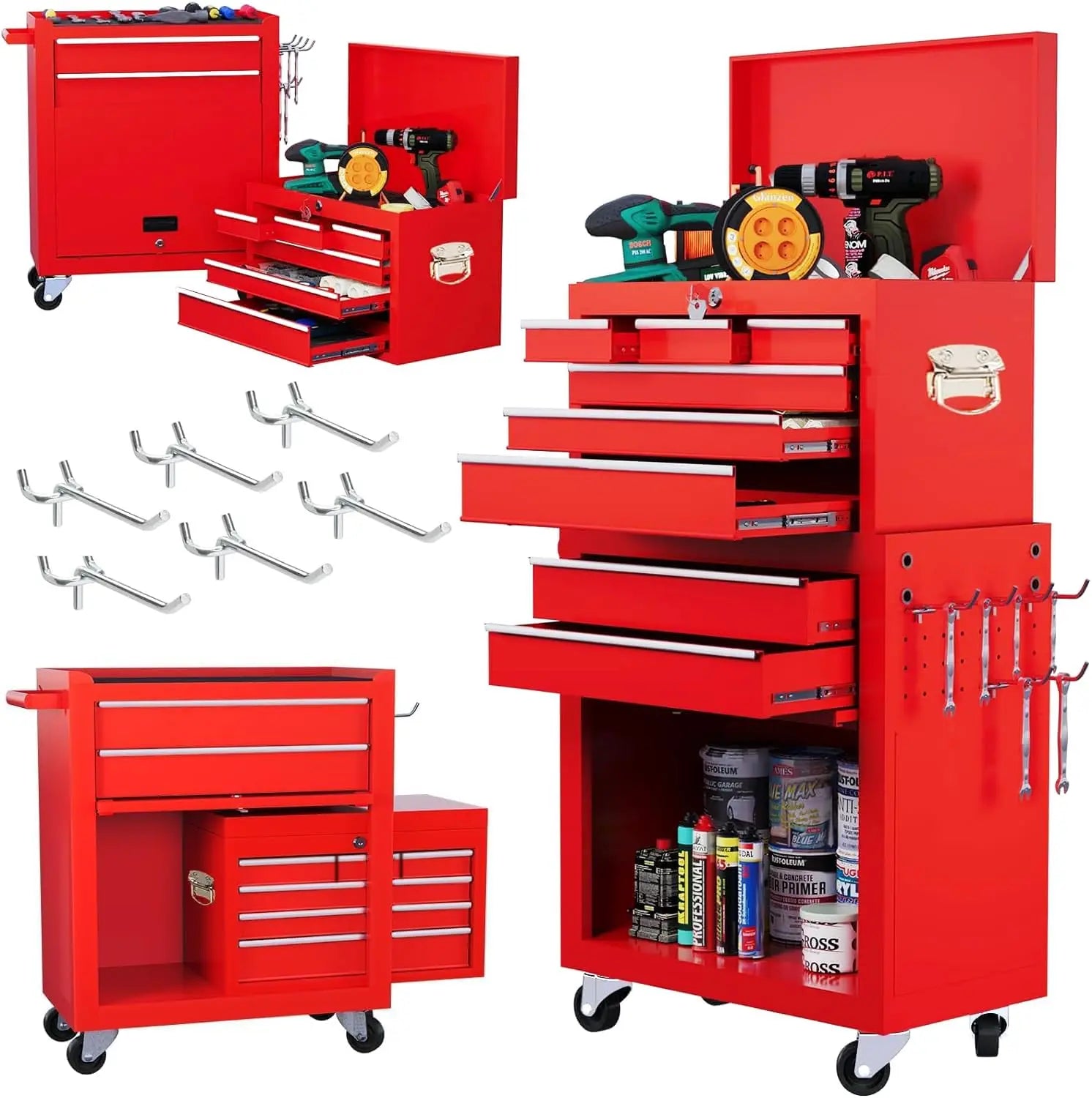 Tool Chest, 8-Drawer Rolling Tool Storage Cabinet with Wheels, Detachable Top Tool Box, and Locking Mechanism,, Customized