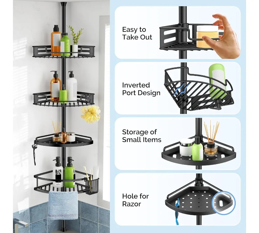 Adjustable Tension Pole Shower Caddy: 4-Tier Rustproof Bathroom Organizer with Quick Installation for Small Spaces
