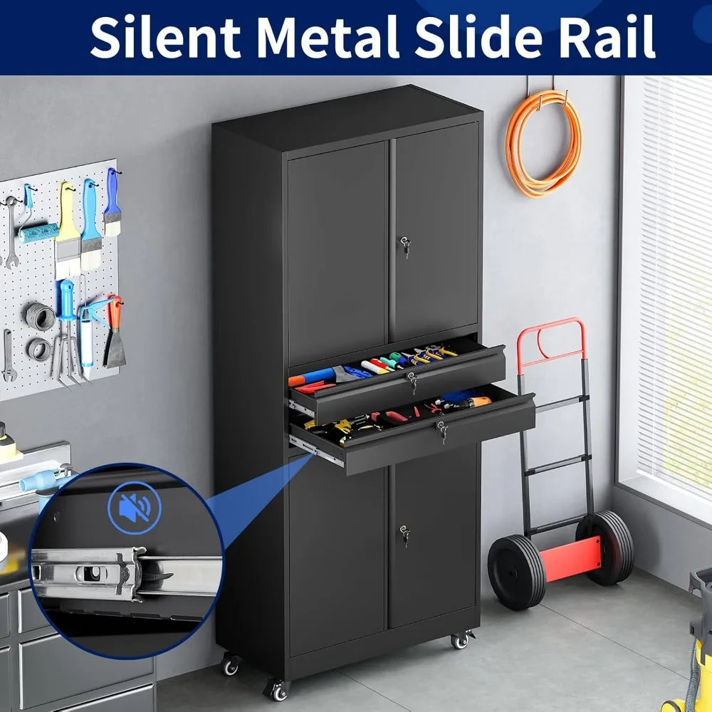 Metal Garage Storage Cabinet with Locking Doors and Adjustable Shelves, Rolling Tool Storage Cabinet with 4 Wheels and 2 Drawer