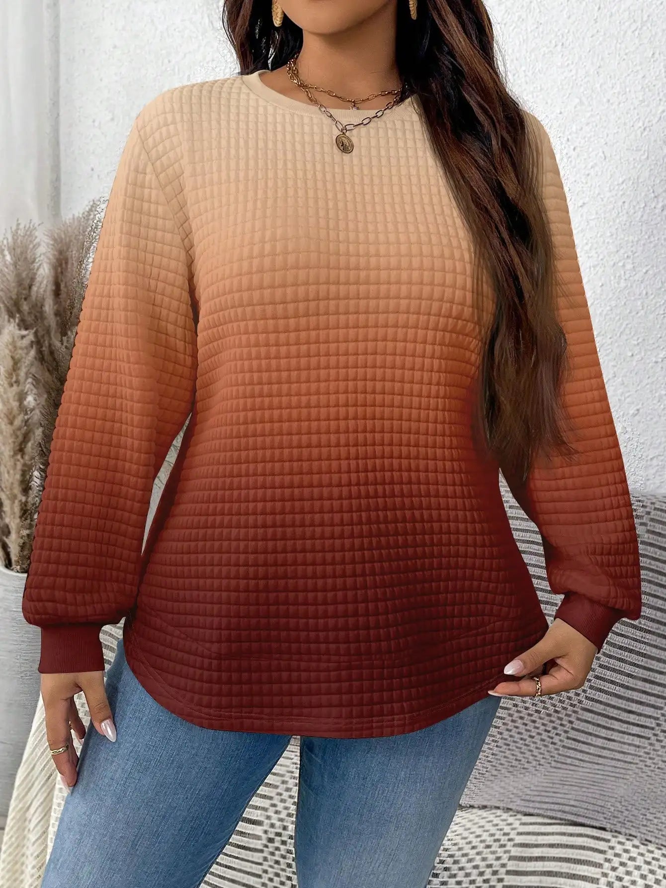 Ombre Waffle Knit Sweatshirt for Women, Plus Size Casual Long Sleeve Top, Autumn Winter Fashion