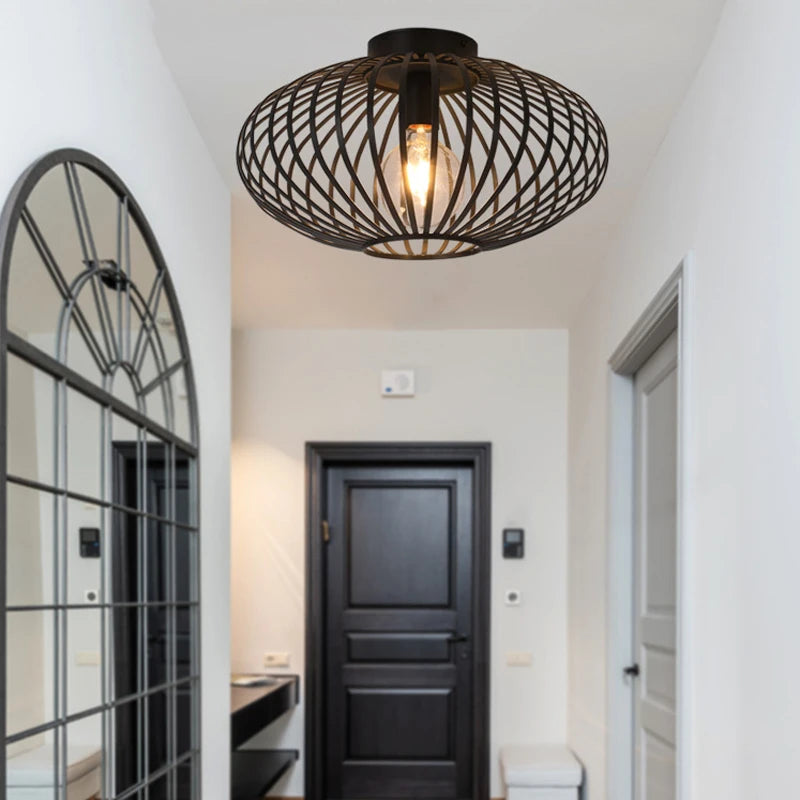 Bedroom Living Room Ceiling Light Restaurant Kitchen Corridor Entrance Bar Counter Balcony Iron Mesh Black Retro Ceiling Lamp