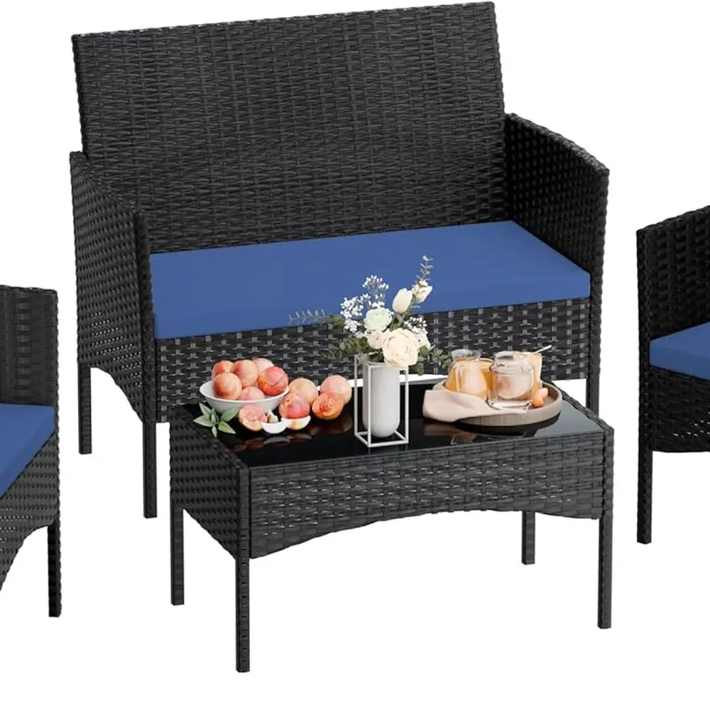 Dark Blue Outdoor Patio Conversation Set: 4-Piece Rattan Wicker Furniture with Sofa, Chairs & Glass Table for Garden, Poolside,