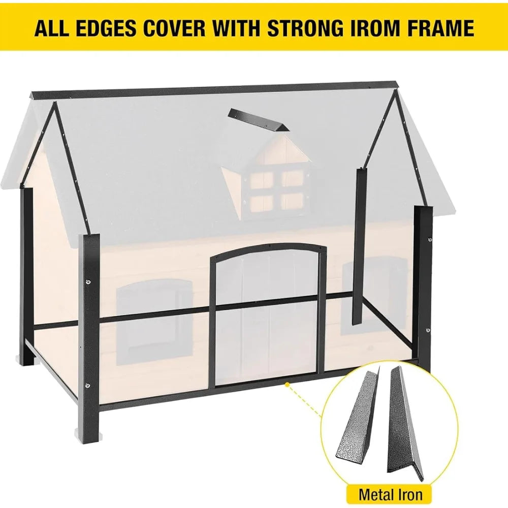 Insulated Dog House with Metal Frame and Anti-Chewing Liner - Unique Design Wooden Kennel for Weather Protection