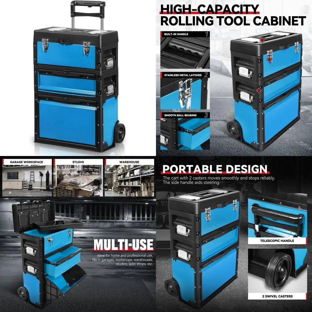 Portable 3-Tier Rolling Tool Box, 19.5 Inch Stackable Storage with Wheels, Heavy Duty Steel and Plastic Construction for Worksho