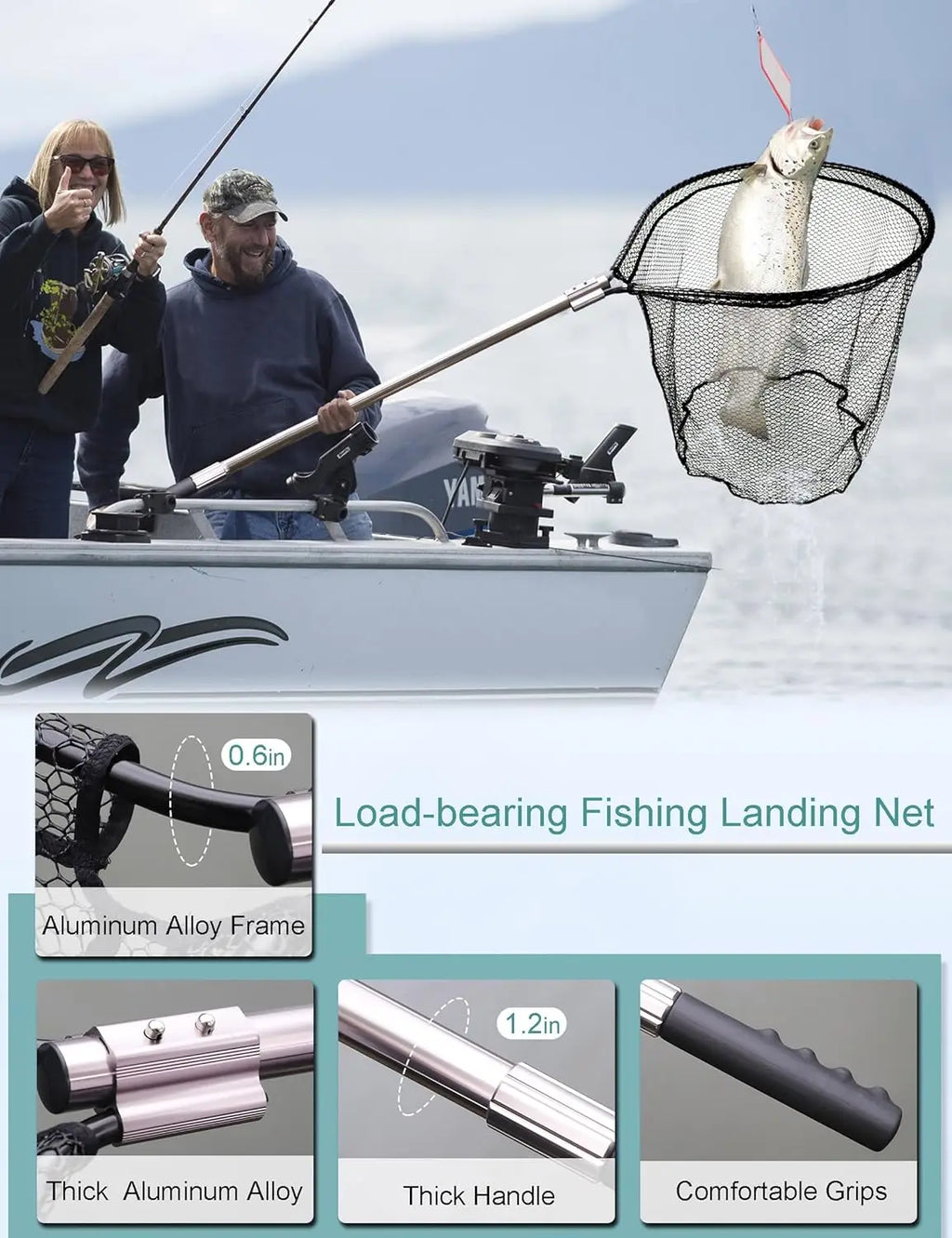 Large Telescoping Fishing Net with Rubber Mesh - Adjustable 70-94 Inch Handle for Kayak & Saltwater Fishing
