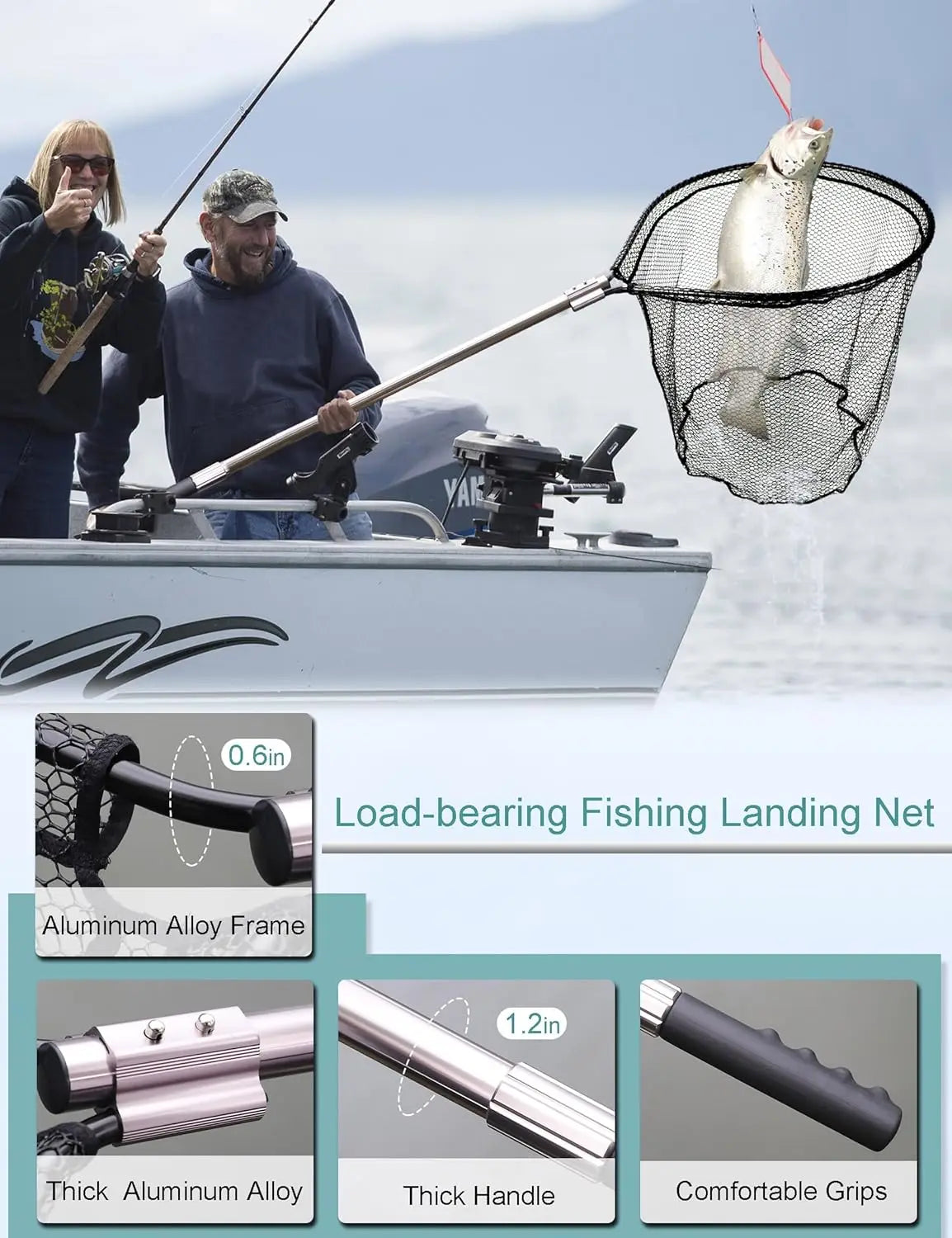 Large Telescoping Fishing Net with Rubber Mesh - Adjustable 70-94 Inch Handle for Kayak & Saltwater Fishing