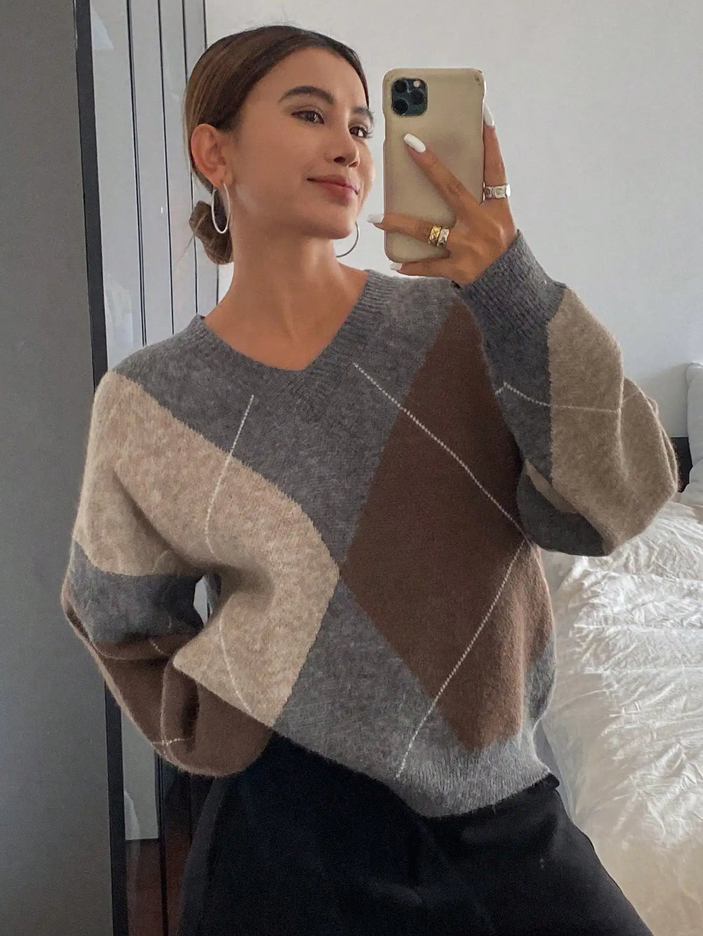 Plaid Loose Long Sleeve Crew Neck Women Sweater, Fall Clothes,Long Sleeve Tops