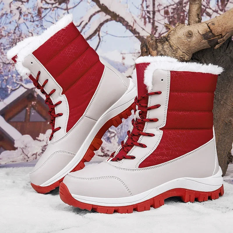 Thickened High-Top Winter Snow Boots Women's Warm Fleece Lined Outdoor Shoes Anti-Slip Rubber Sole Long Hair Design