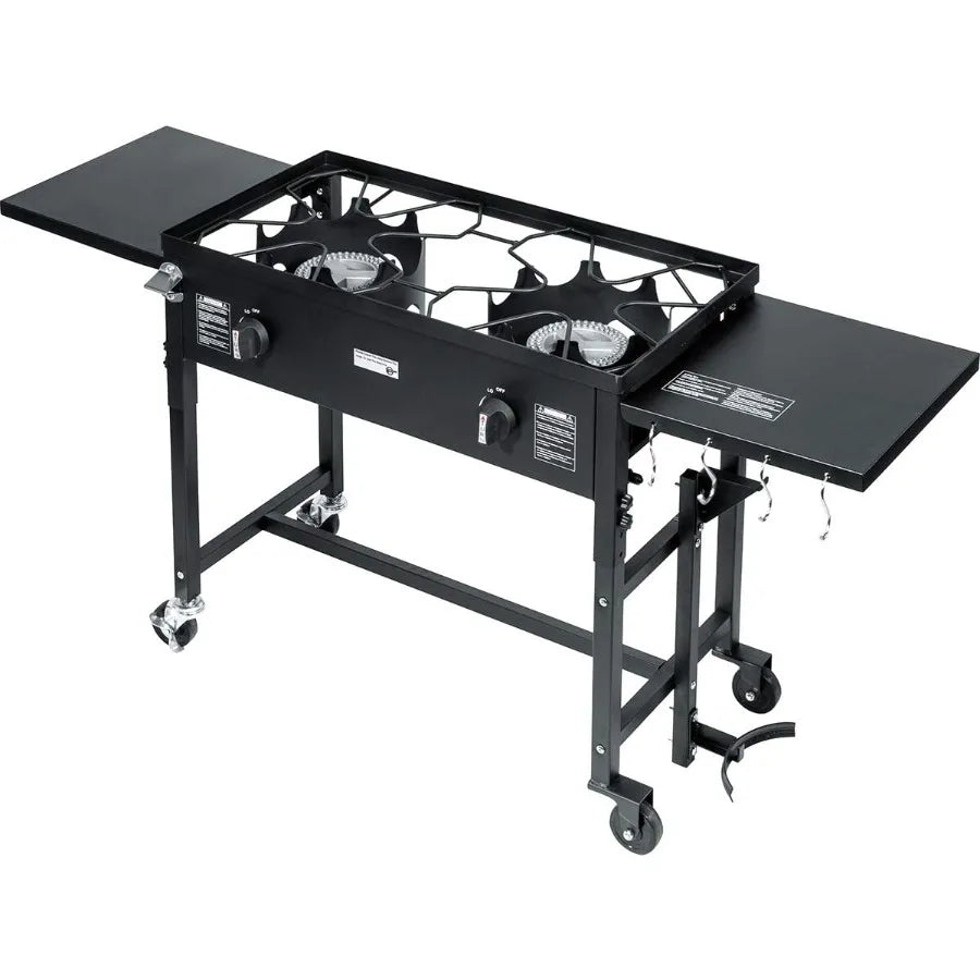 Outdoor Camping Propane Double Burner Stove with 2 Folding Cook Cooking Station Stand for Picnic BBQ Grill 58000 BTU HighPerfor