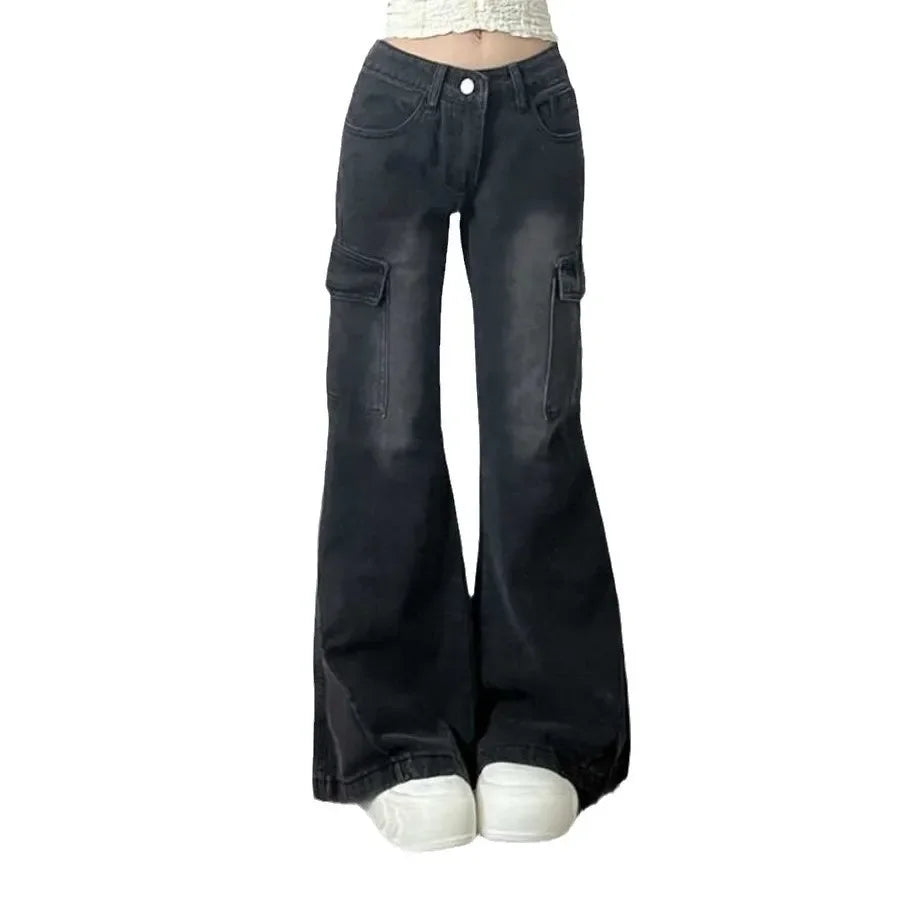 Trendy American Style Low Waist Micro Flared Work Denim Jeans Women's Autumn/Winter New Pocket Slimming Casual Pants