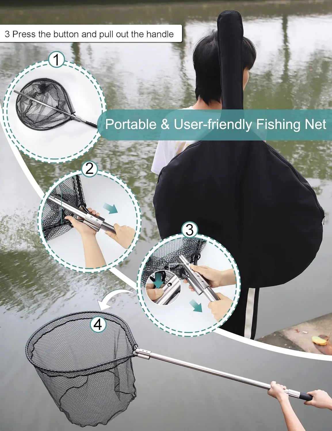Large Telescoping Fishing Net with Rubber Mesh - Adjustable 70-94 Inch Handle for Kayak & Saltwater Fishing