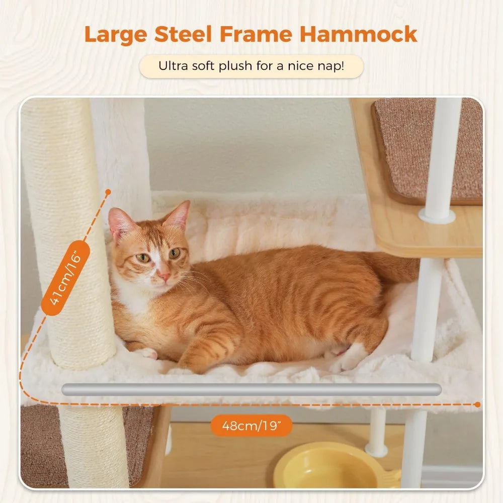 PAWZ Road Large Cat Tree with Food Station, 74.8 Inches Wooden Tall Cat Tower with Extra Large Condos and Hammocks,Spacious Perc