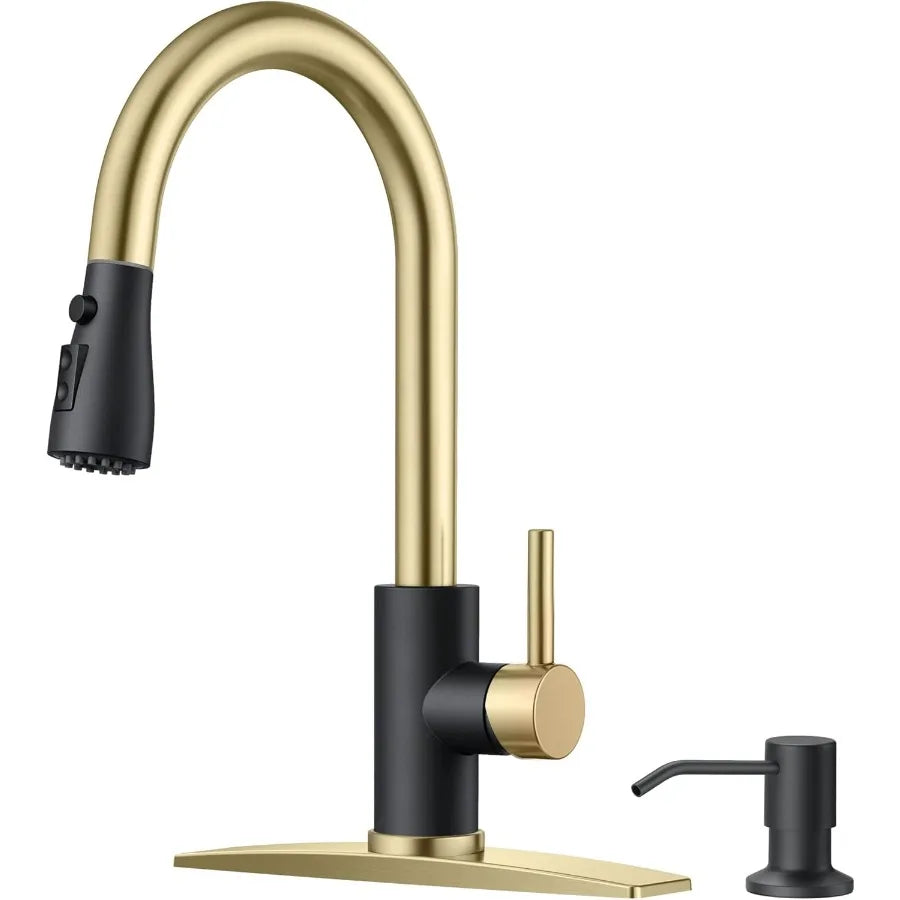 Kitchen Faucets with Soap Dispenser and Pull Down Sprayer Bar High Arc Single Handle Classic 3 Modes Stainless Steel Faucet for