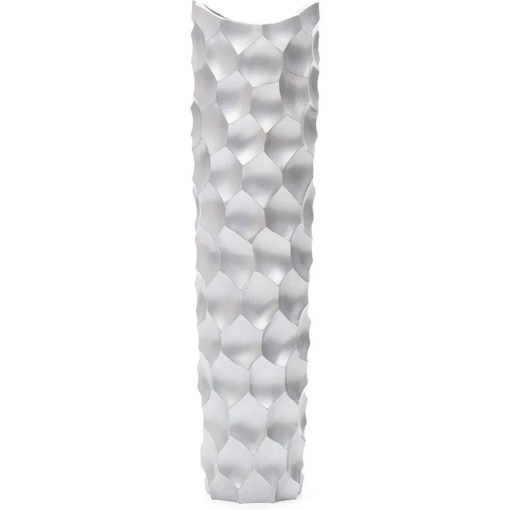 Large Silver Tall Wooden Floor Vase - 26 Inch Farmhouse Style Decorative Holder for Artificial Flowers and Pampas Grass