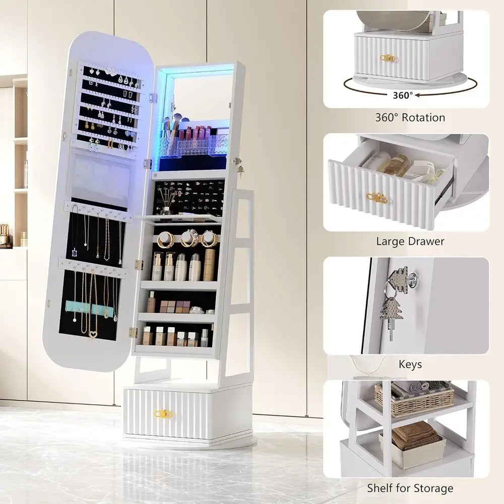 Swivel jewelry organizer with Full Length Mirror with Lights, Jewelry Armoires Cabinet Standing with Drawer, Large Mirror Storag