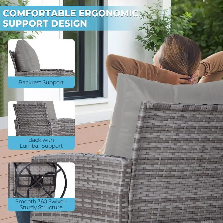 3 Piece Patio Furniture Set, Outdoor Swivel Patio Chairs Set of 2, Wicker Apartment Balcony Furniture Set with Thick Cushions f