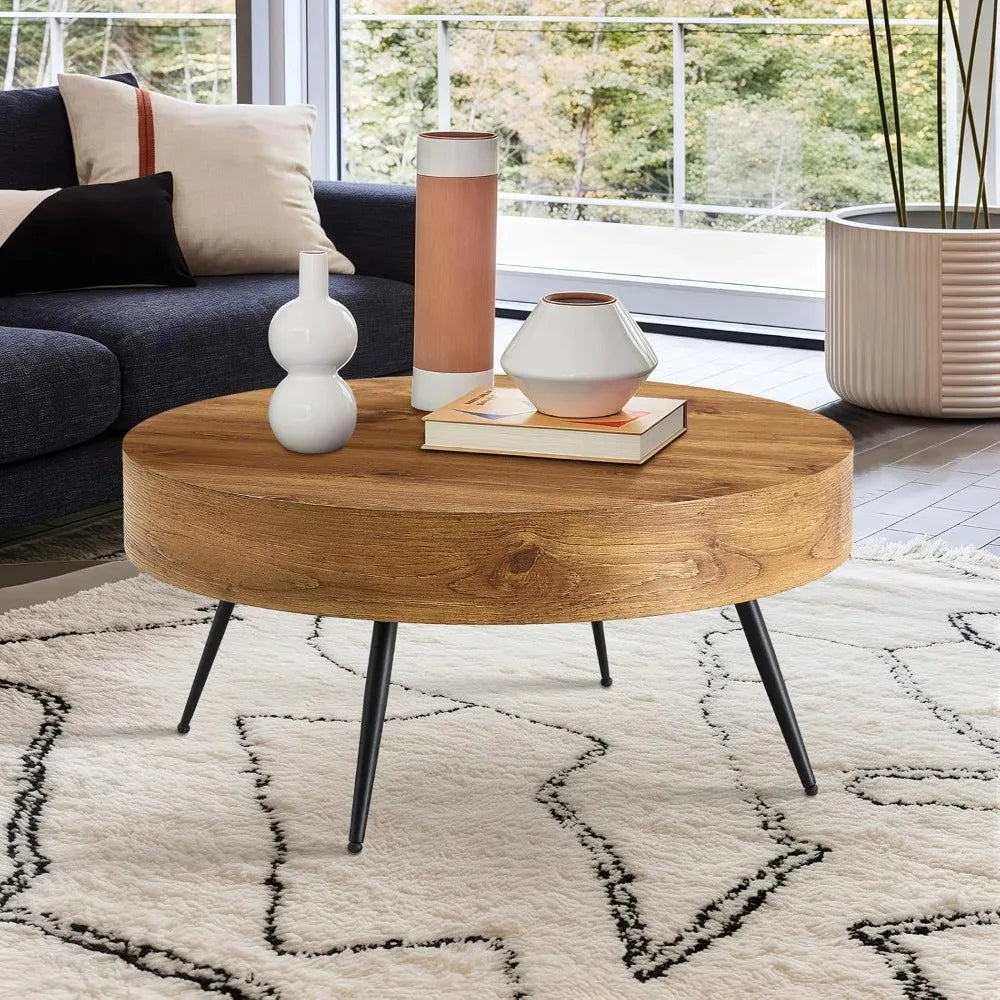 Coffee Table for Living Room, Round Wood Coffee Tables with Storage, Modern Metal Accent Center Tea Table for Apartment S