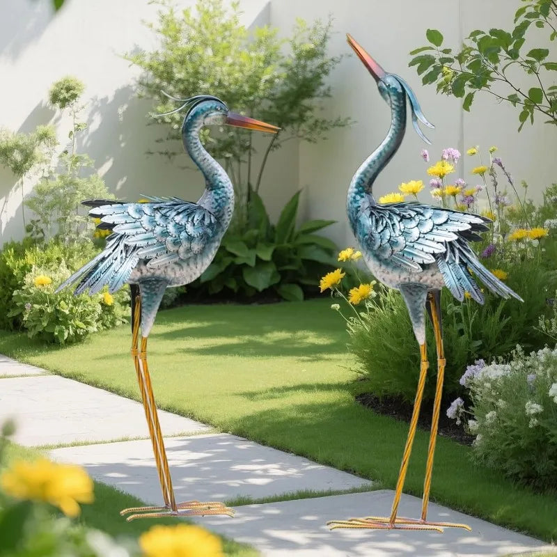 Outdoor Heron Sculpture Set of 2, Large Metal Crane Statues for Lawn & Garden Art