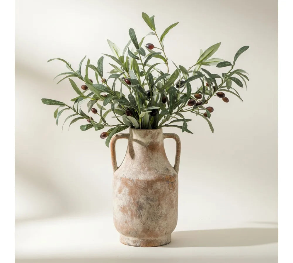 11 Inch Handcrafted Ceramic Flower Vase with Handles, Rustic Farmhouse Centerpiece for Home Decor Living Room Table