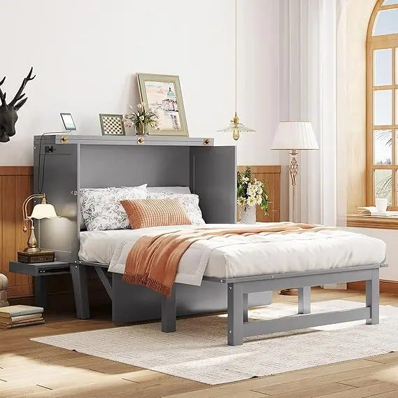 Full Size Murphy Bed with USB Port, Desk and Removable Shelves on Each Side, Full Platform Bed Wood Frame