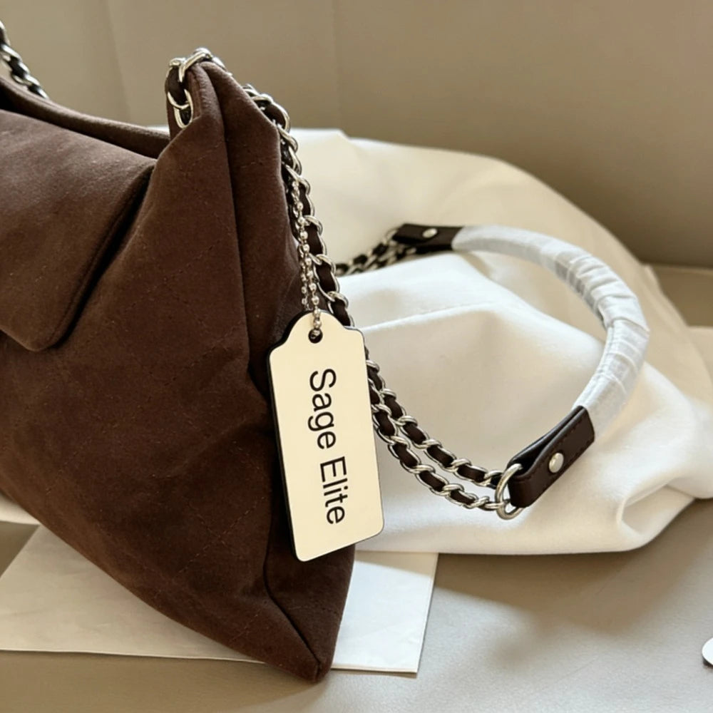 Sage Elite Brown Suede Crossbody Bag - Women's Stylish Chain Strap Purse, Versatile Daily Commute Shoulder Bag
