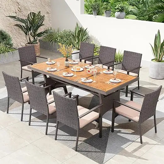 Outdoor Dining Set for 8, Rectangular Rattan Table with Acacia Wood Top & Wicker Chairs with Cushions, 74” Large Modern Furnitu