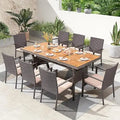 Outdoor Dining Set for 8, Rectangular Rattan Table with Acacia Wood Top & Wicker Chairs with Cushions, 74” Large Modern Furnitu
