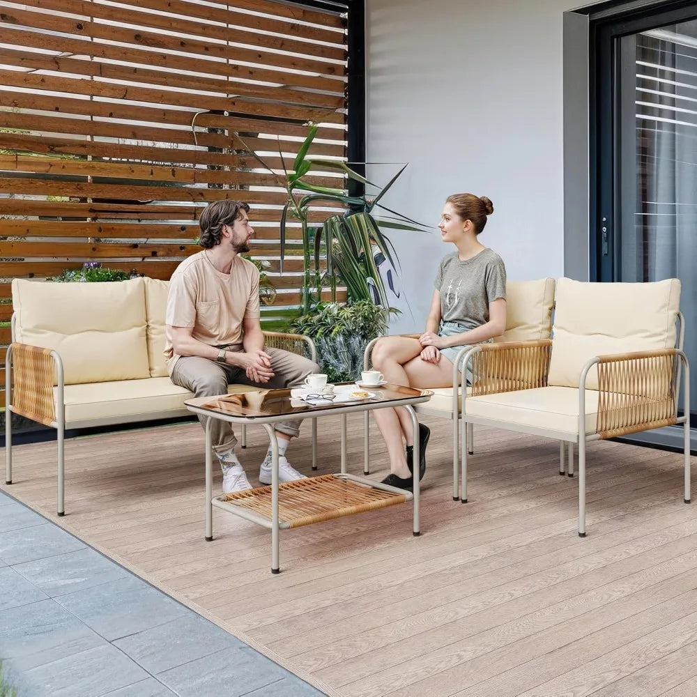 Patio Furniture Set, 4 Pieces Wicker Outdoor Conversation Set, All-Weather PE Rattan Bistro Set with Glass Side Table
