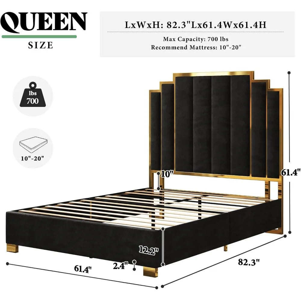 AMERLIFE Queen Size Upholstered Bed, Modern Velvet Bed Frame with 61.4” Tall Gold Trim Headboard, No Box Spring Needed, Black