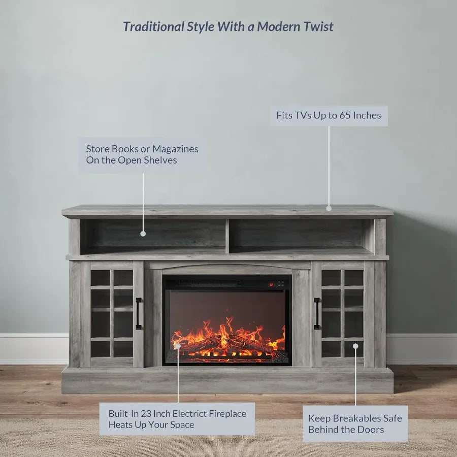 Traditional 58 Rustic TV Stand with 23 Electric Fireplace Heater and Sound Media Entertainment Center Console Table for TV up t