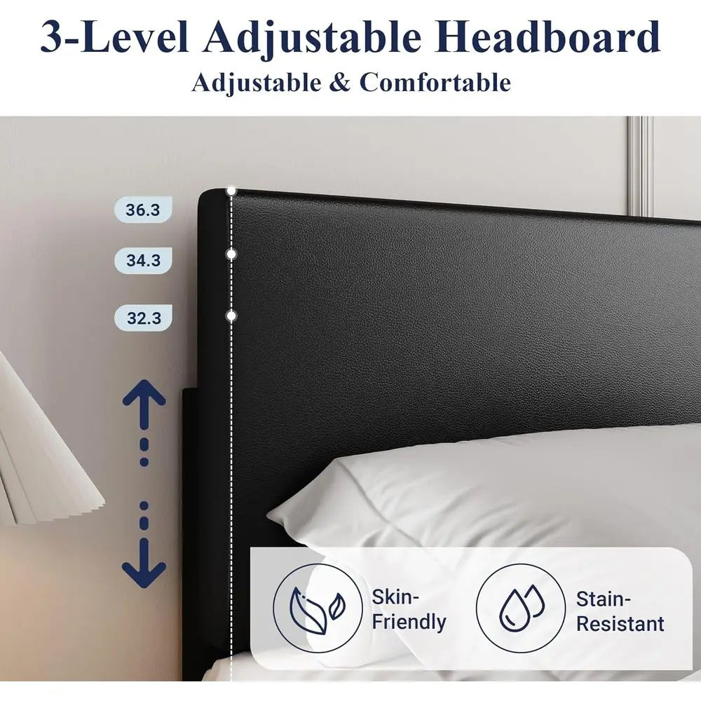 DAFIFY King Size Bed Frame Adjustable Headboard, Faux Leather Platform Bed, Wood Slats, Mattress Foundation, No Box Spring, Easy