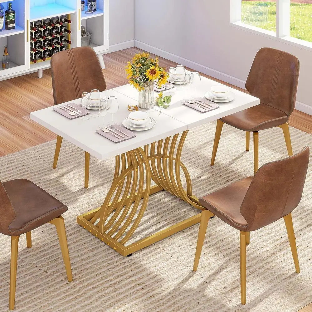 Modern Rectangular Dining Table, White Top & Geometric Gold Legs, Seats 4, Small Kitchen Table for Dining Room