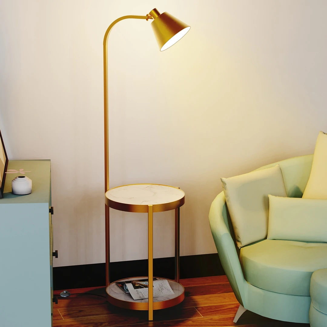 3-in-1 Floor Lamp w/Side Table & Shelves, Golden Iron Frame, Swivel Design for Living Room Bedroom Office