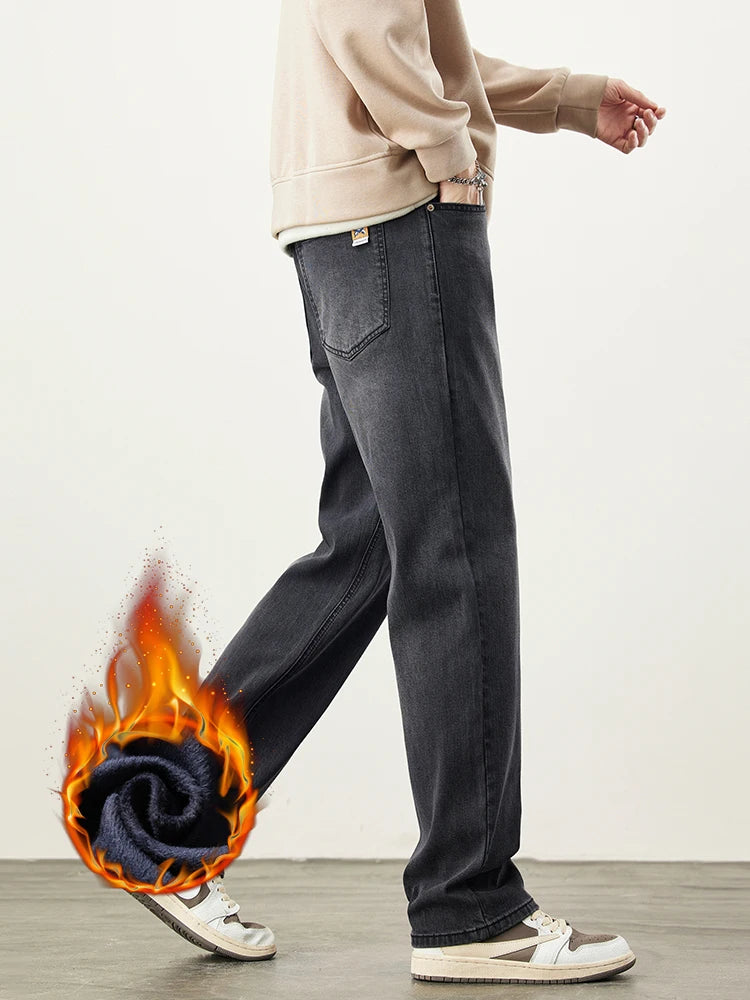 Fleece Men's Straight Jeans Winter Baggy Thick Warm Fashion Korea Plush Wide Denim Pants Casual Male Thermal Trousers