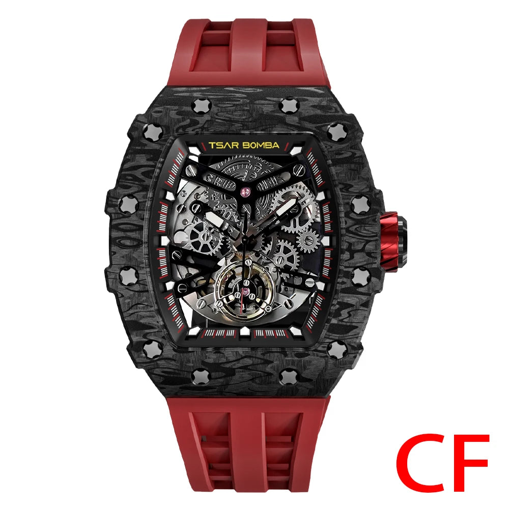 TSAR BOMBA Top Brand Mens Automatic Watches Skeleton Mechanical Clock Waterproof Luxury Fashion WristWatch for Men Carbon Fiber
