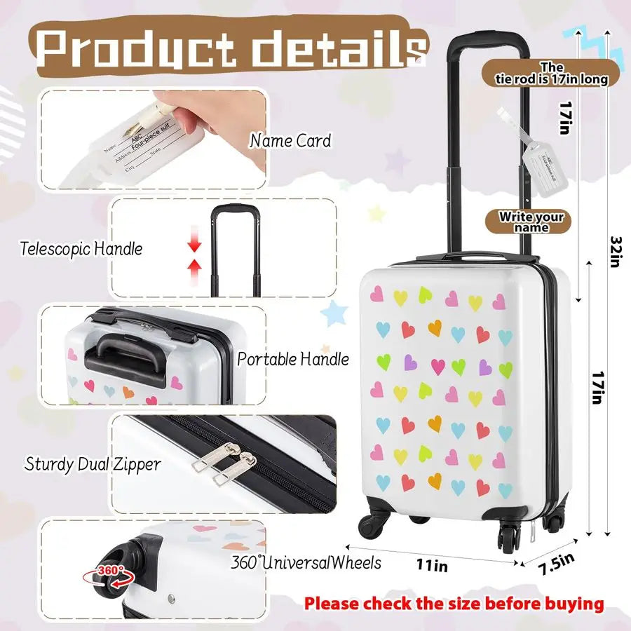 Pcs Kids Luggage Set Gifts for Christmas 17 Inch Kids Rolling Luggage Double Pattern Suitcase for Boys GirlsWhite,17 Inch,Love S