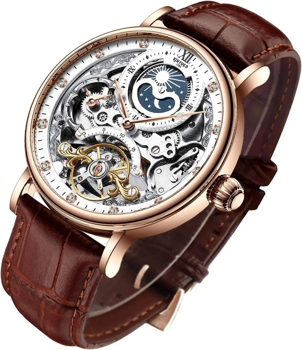 Men's Luxury Skeleton Automatic Mechanical Watch with Leather Strap, Moon Phase, Luminous Hands