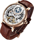 Men's Luxury Skeleton Automatic Mechanical Watch with Leather Strap, Moon Phase, Luminous Hands