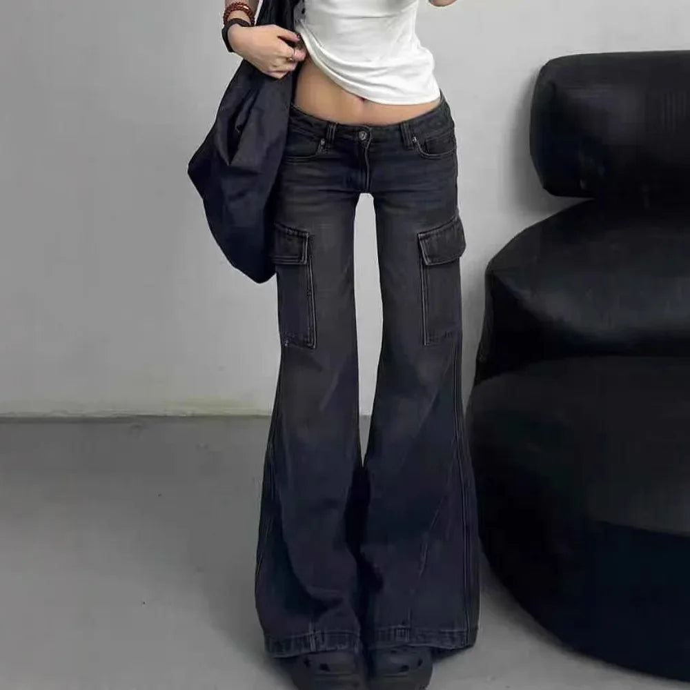 Trendy American Style Low Waist Micro Flared Work Denim Jeans Women's Autumn/Winter New Pocket Slimming Casual Pants
