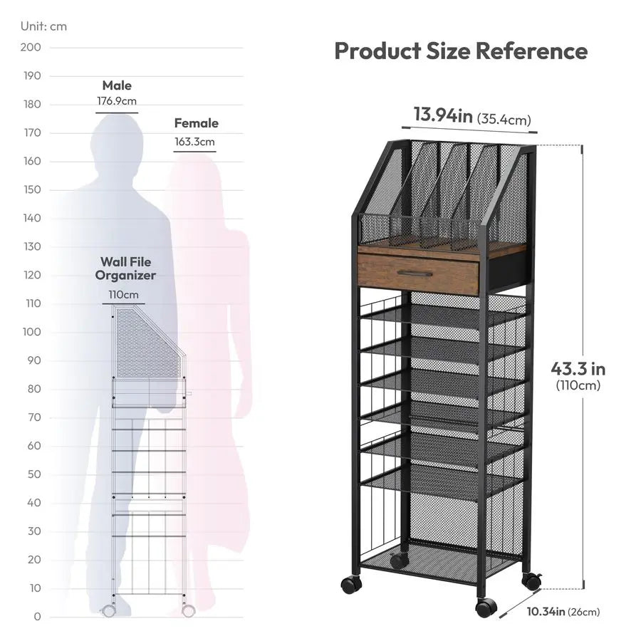 9Tier Rolling File Cart Paper Organizer with Drawer and Trays, Wood Desk Office Organizer, Office Organization and Binder Storag