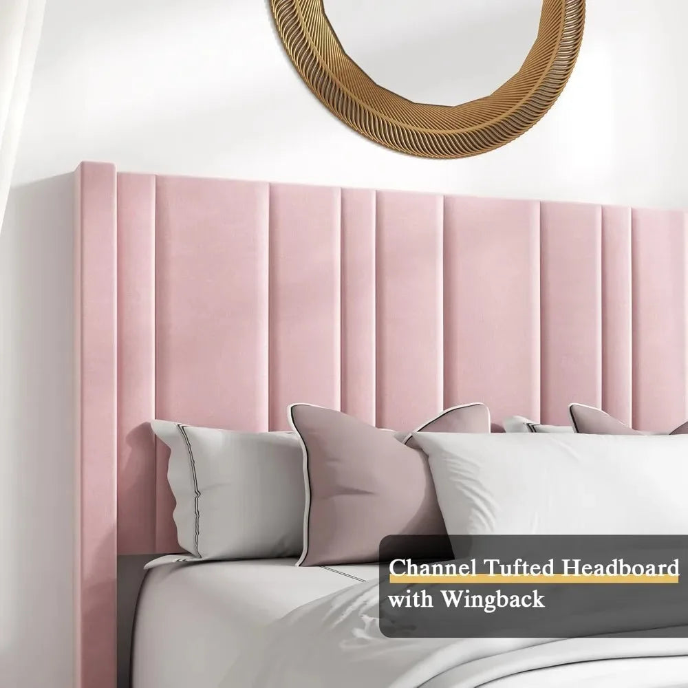Queen Bed Frame Pink Upholstered Bed with Vertical Channel Tufted Headboard & 22" Footboard, Noise Free/Wooden Slats，Customized