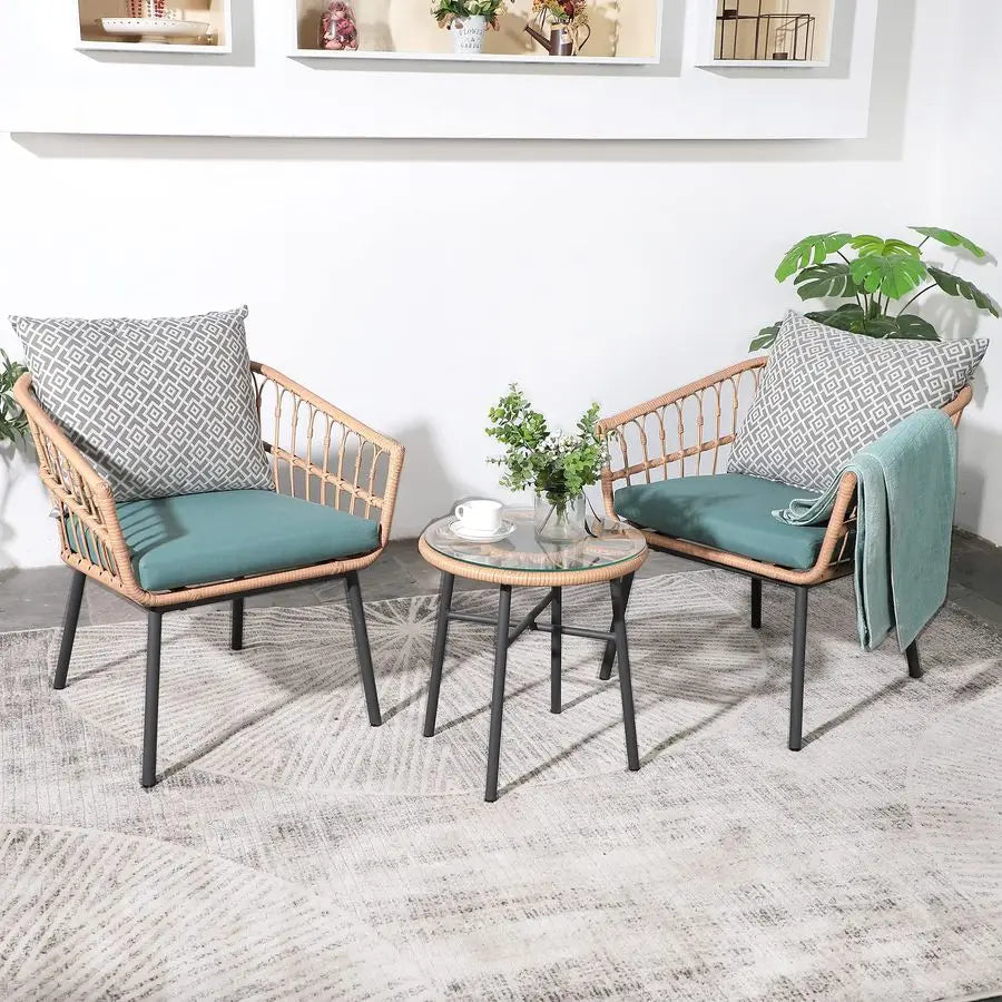 3 Piece Patio Furniture Outdoor Conversation Bistro Set with Tempered Coffee Table and Wicker Chairs for Garden Balcony Backyar