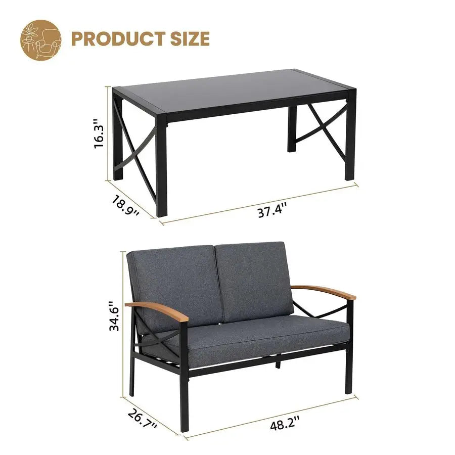 2 Pcs Patio Conversation Set with Coffee Table,Metal Outdoor Patio Furniture Set with Washable Thick Cushions,Loveseat, Patio Se