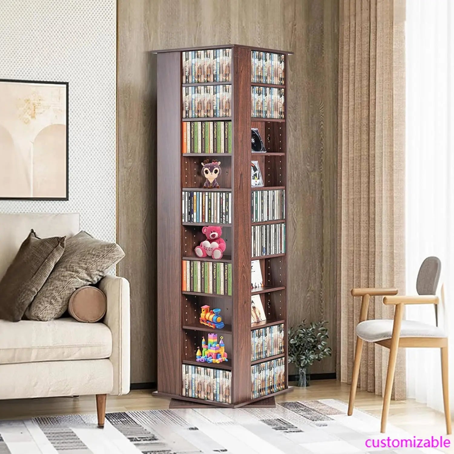 Media Storage Cabinet, 34 Compartments Rotating Media Tower, Protects & Organizes Music, Movie, Video Games or Memorabilia