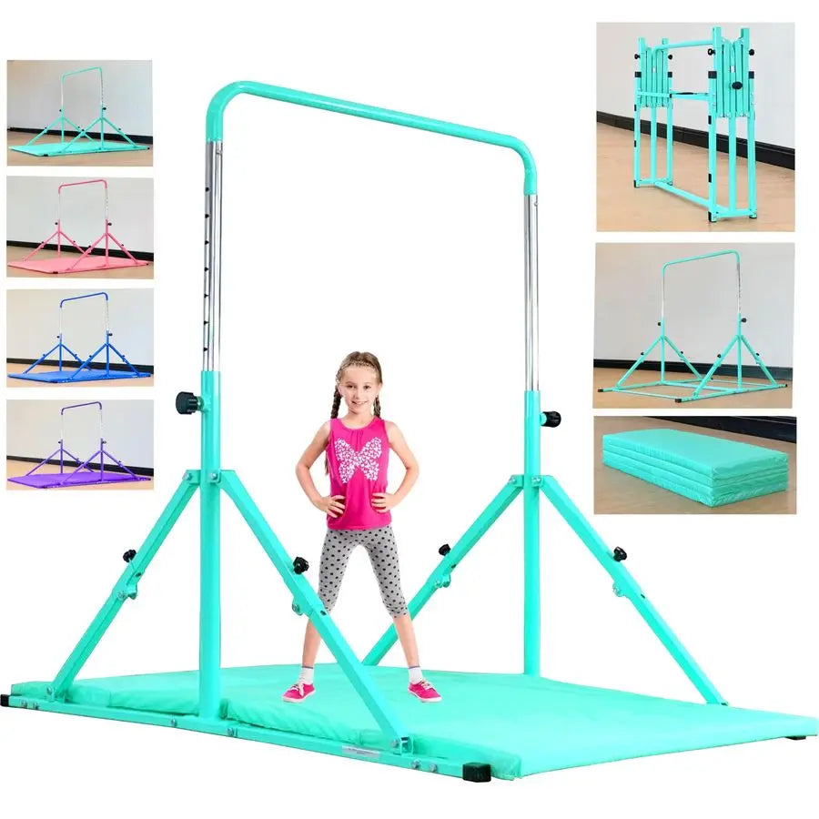 Foldable Gymnastic Bar for Kids Ages 312, 9 Height Levels, 200 lbs Weight Capacity, 5 Ft Length Gymnastic Kip Bar with Mat, Gymn