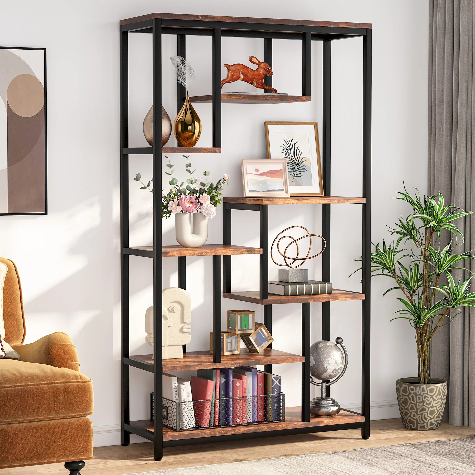 Tribesigns Modern 8-Tier Staggered Bookcase -, Wide Wood Etagere Shelving Unit