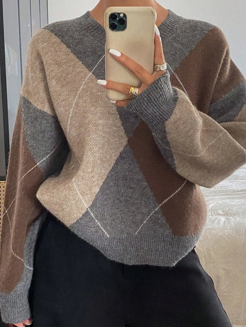 Plaid Loose Long Sleeve Crew Neck Women Sweater, Fall Clothes,Long Sleeve Tops